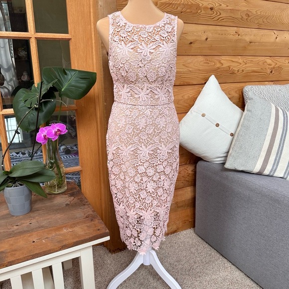 BISOU BISOU M. BOHBOT Pink Lace Overlay Midi Floral Sleeveless Sheath Dress Sz 2 - Picture 3 of 16